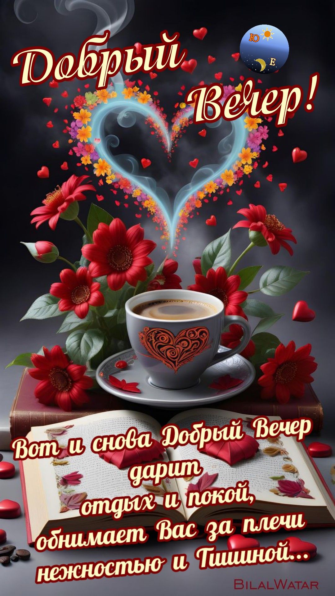 Открытка «Добрый вечер и пожелания»: Добрый вечер: нежность и тишина в чашке кофе. Тэги: Добрый вечер, с цветами…