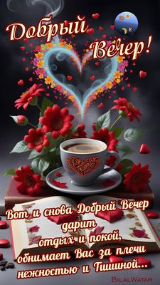 Открытка «Добрый вечер и пожелания»: Добрый вечер: нежность и тишина в чашке кофе. Тэги: Добрый вечер, с цветами…