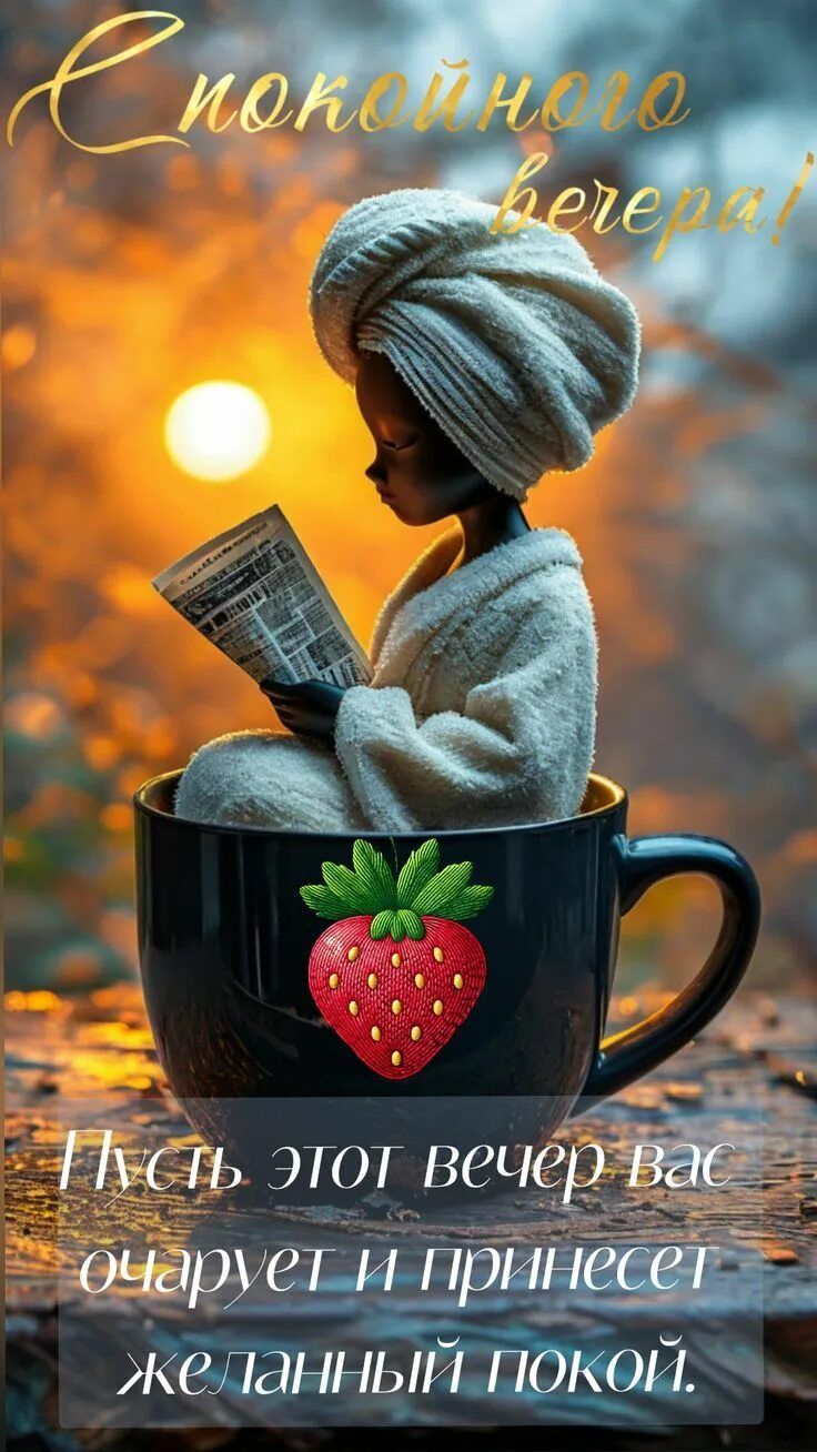 Открытка «Добрый вечер и пожелания»: Добрый вечер: «Желанный покой и уют в чашке». Тэги: Добрый вечер женщине, Необыч…