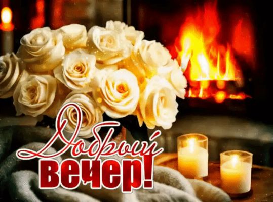 Открытка «Добрый вечер и пожелания»: Добрый вечер! Нежные розы у теплого камина. Тэги: Доброго вечера и хорошего наст…