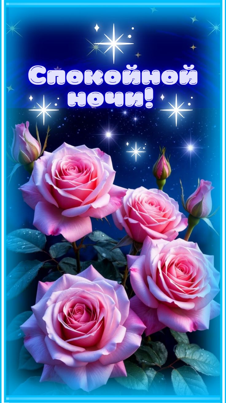 Открытка «Доброй ночи»: Спокойной ночи: Нежные розовые розы под звездами. Тэги: Спокойной ночи, Спокойной ночи…