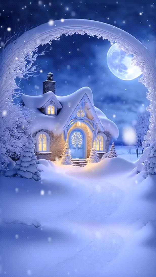 Открытка «Доброй ночи»: Спокойной ночи: Волшебный зимний домик. Тэги: Спокойной ночи, Спокойной ночи, красивые…