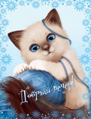 Открытка «Настроение»: Добрый вечер: милый котенок с клубком. Тэги: кот, рисунок, мультяшка, милый, добрый, животное…