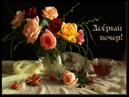 Открытка «Пожелание»: Добрый вечер: натюрморт с букетом роз и чаем. Тэги: настроение, надпись, чай, хороший, ягода…