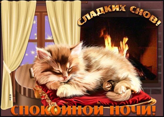 Открытка «Доброй ночи»: Сладких снов: Уютный кот у камина. Тэги: Спокойной ночи, пожелание, кот, рисунок, милый…