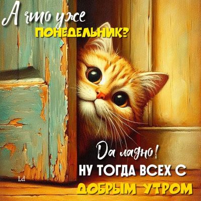 Открытка «С добрым утром»: Уже понедельник? С добрым утром от милого кота!. Тэги: кот, животное, пожелание, позитивная…