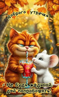 Открытка «С добрым утром»: Красивая открытка с добрым утром: Не жадничай!. Тэги: хорошего дня, кот, животное, пожелан…