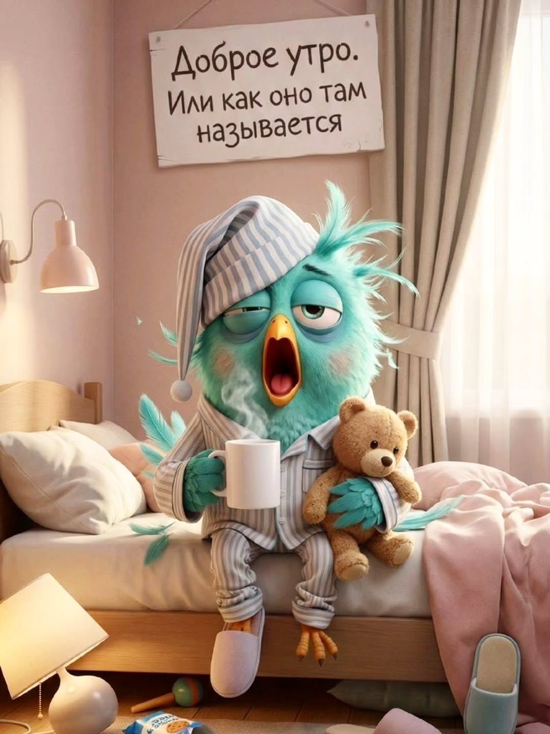 Открытка «С добрым утром»: Сонная птичка: Доброе утро... или как оно там!. Тэги: пожелание, юмор, утро, друг, подруга…