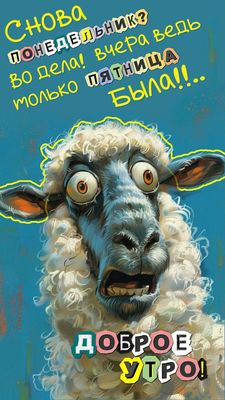 Открытка «С добрым утром»: Доброе утро: Снова понедельник? Баран в шоке!. Тэги: животное, пожелание, позитивная, юмор…
