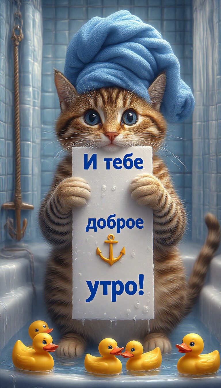Открытка «С добрым утром»: Милое доброе утро от котёнка в полотенце!. Тэги: кот, животное, пожелание, позитивная…