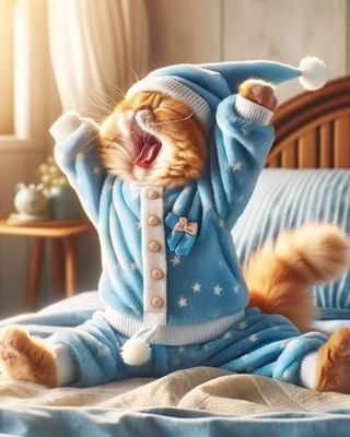 Открытка «С добрым утром»: Пушистый кот в пижаме желает доброго утра!. Тэги: кот, животное, пожелание, хорошего дня…