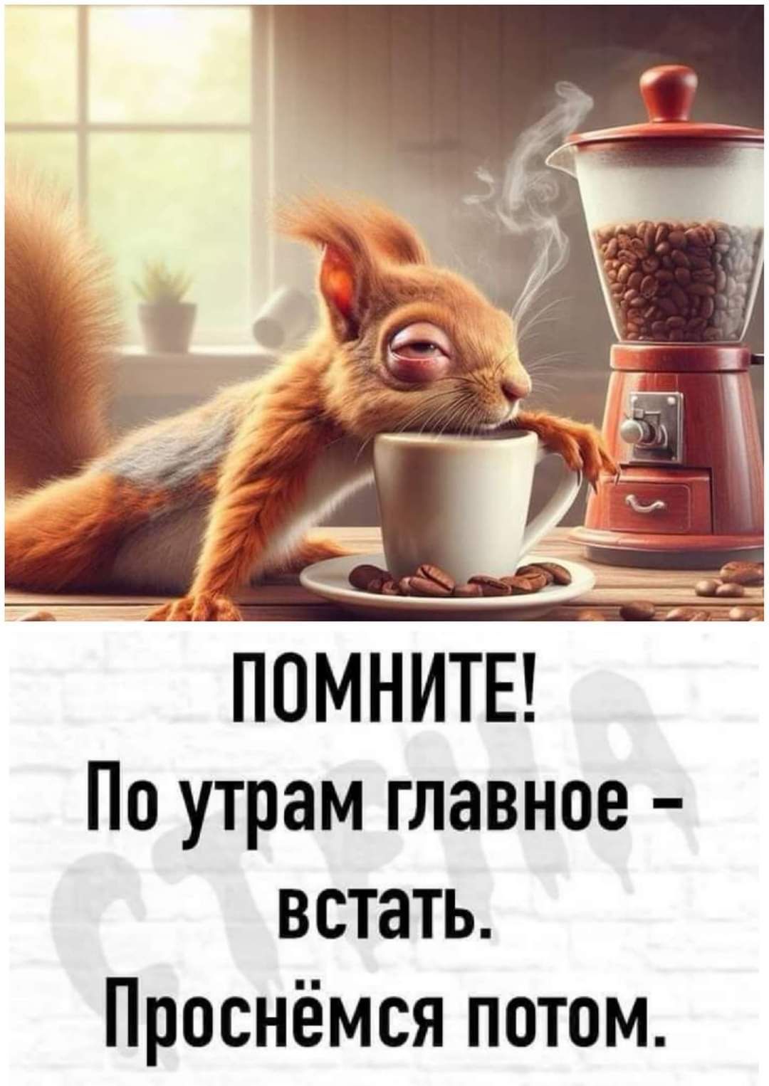 Открытка «С добрым утром»: С добрым утром: сначала встаём, потом просыпаемся!. Тэги: животное, пожелание, позитивная…