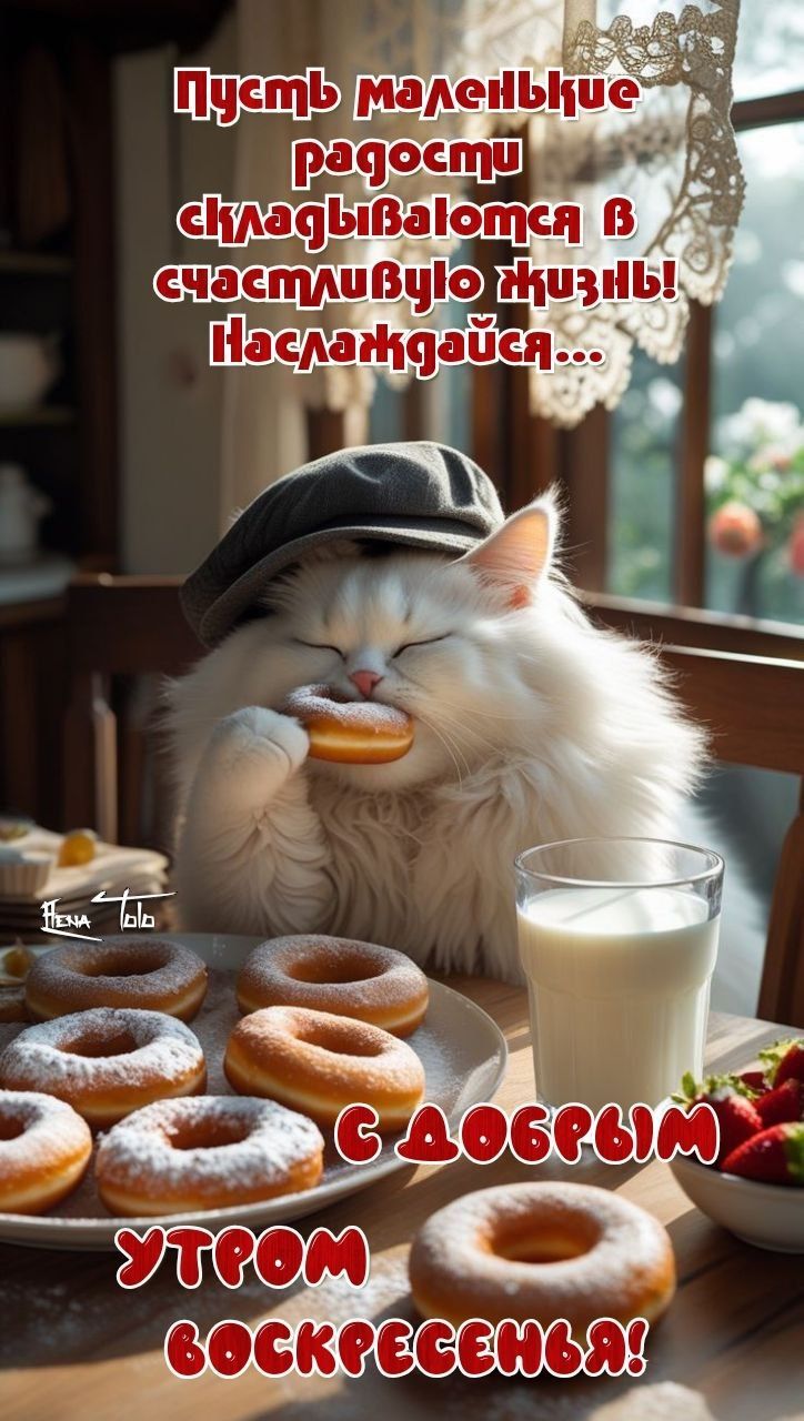 Открытка «С добрым утром»: Сладкое воскресное утро с пушистым другом!. Тэги: кот, животное, пожелание, шапка, утро…