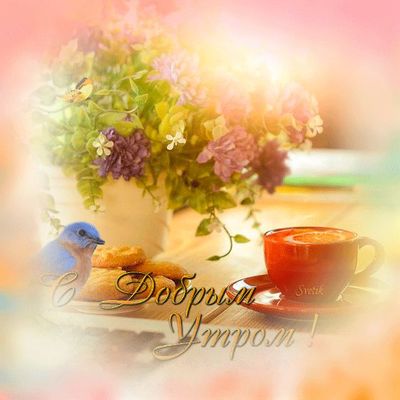 Открытка «С добрым утром»: Уютное утро: птичка, цветы и чашка кофе. Тэги: хорошего дня, пожелание, позитивная, отличн…