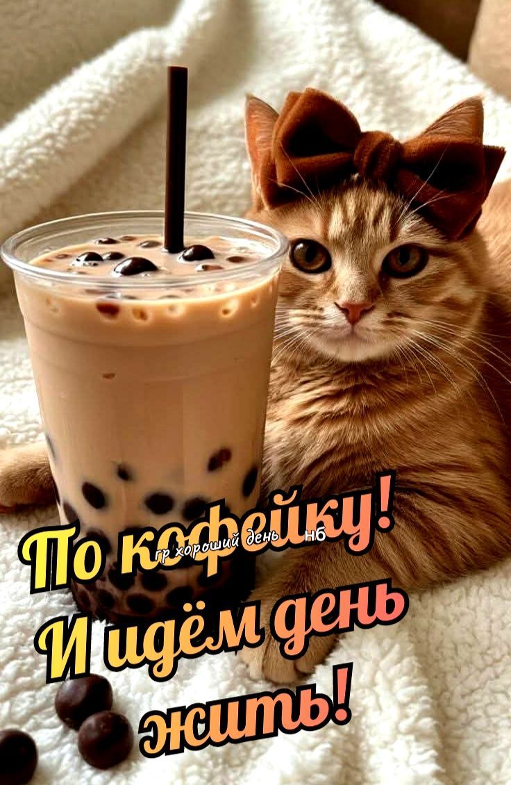 Открытка «С добрым утром»: С добрым утром! По кофейку с милым котиком!. Тэги: хорошего дня, кот, животное, пожелание…