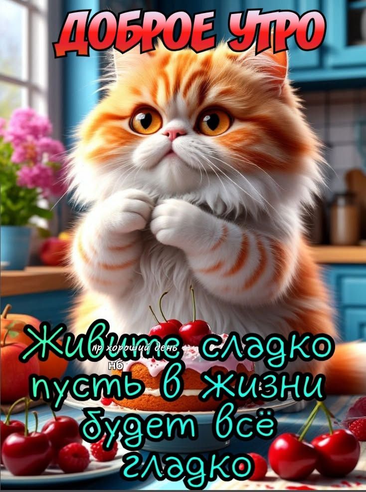 Открытка «С добрым утром»: С добрым утром! Пусть жизнь будет сладкой и гладкой. Тэги: хорошего дня, кот, животное…