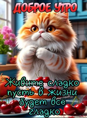 Открытка «С добрым утром»: С добрым утром! Пусть жизнь будет сладкой и гладкой. Тэги: хорошего дня, кот, животное…