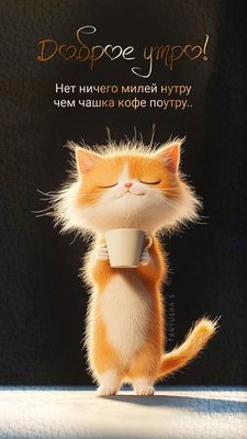 Открытка «С добрым утром»: Доброе утро: пушистый кот и чашка кофе. Тэги: кот, животное, пожелание, позитивная, отличн…