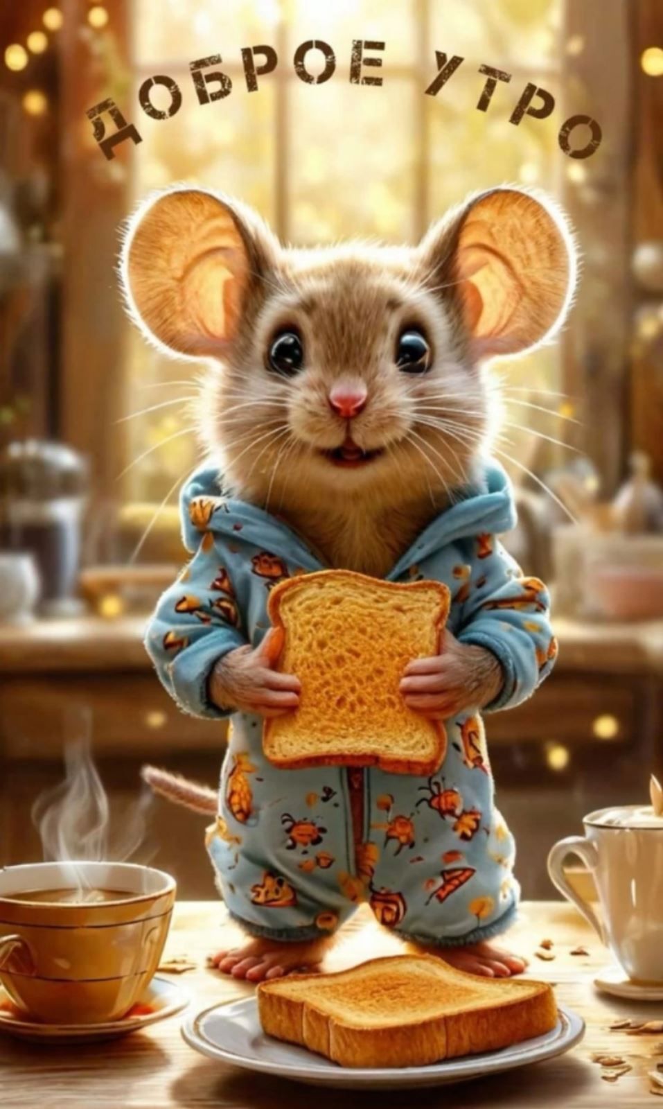Открытка «С добрым утром»: Доброе утро! Уютный мышонок с тостом. Тэги: животное, пожелание, улыбка, утро, кофе, чай…
