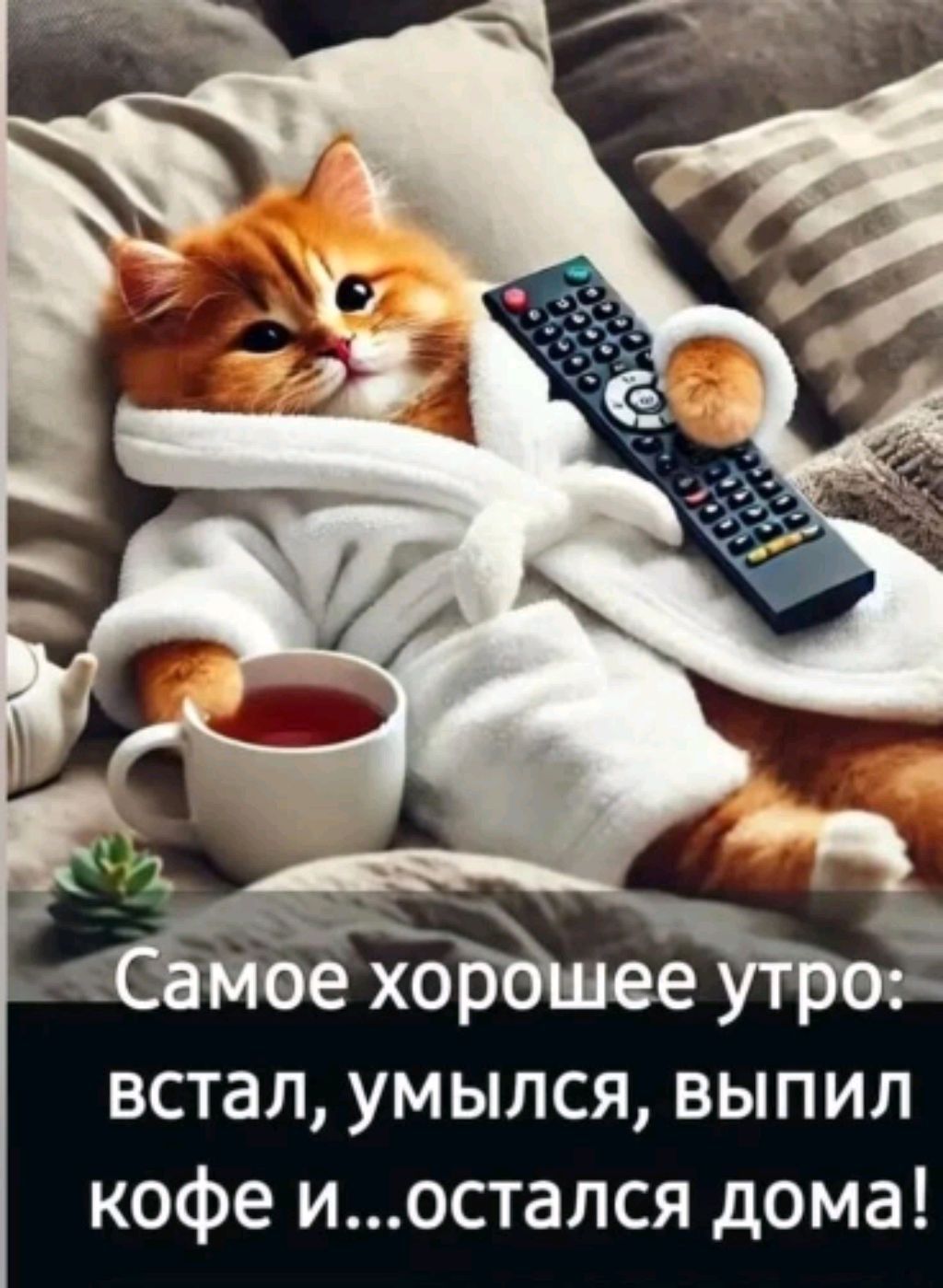 Открытка «С добрым утром»: Идеальное доброе утро: с котиком и без спешки. Тэги: хорошего дня, кот, животное, пожелание…