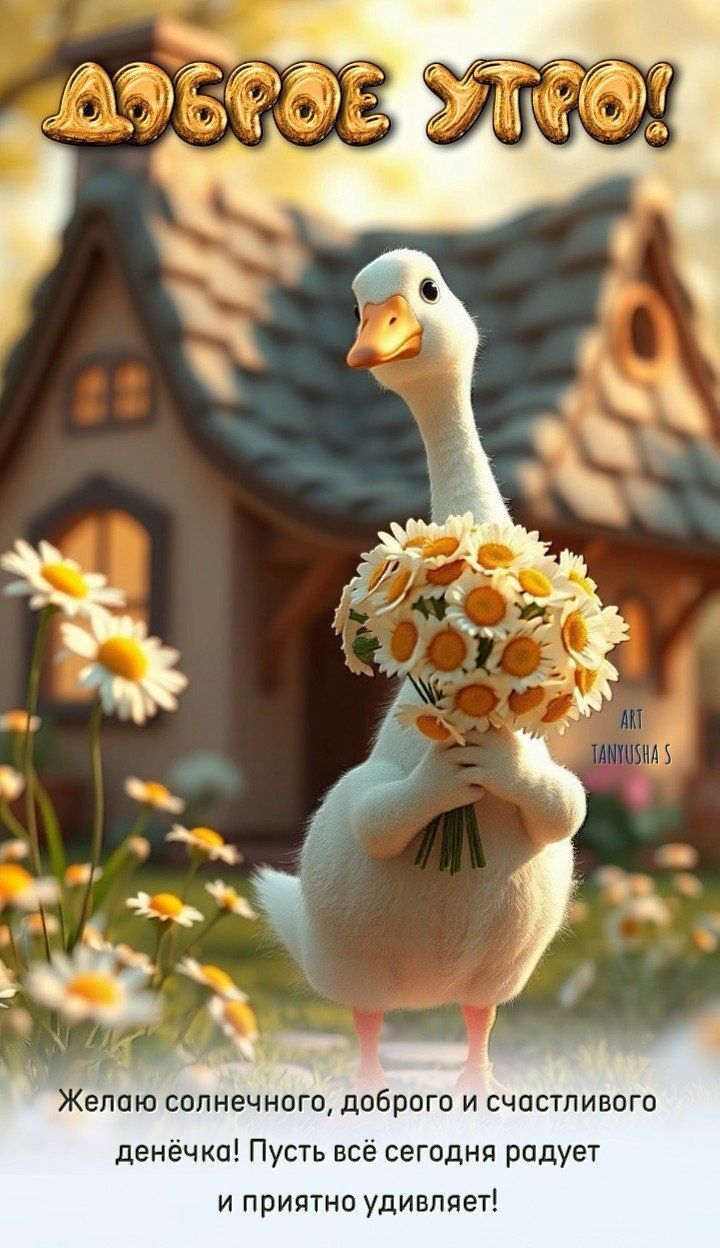 Открытка «С добрым утром»: Доброе утро! Гусёнок желает солнечного дня. Тэги: хорошего дня, пожелание, позитивная…