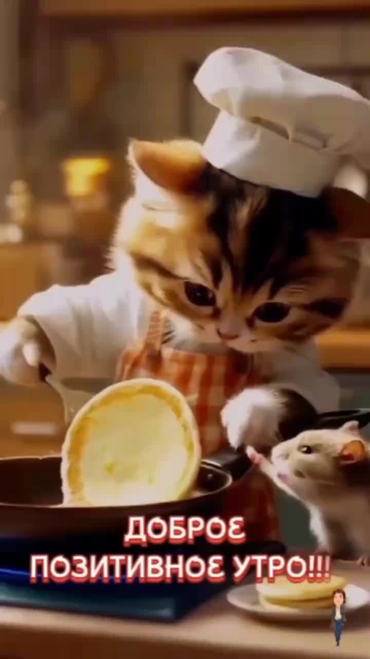Открытка «С добрым утром»: Пушистый повар желает доброго позитивного утра. Тэги: кот, животное, пожелание, отличное н…