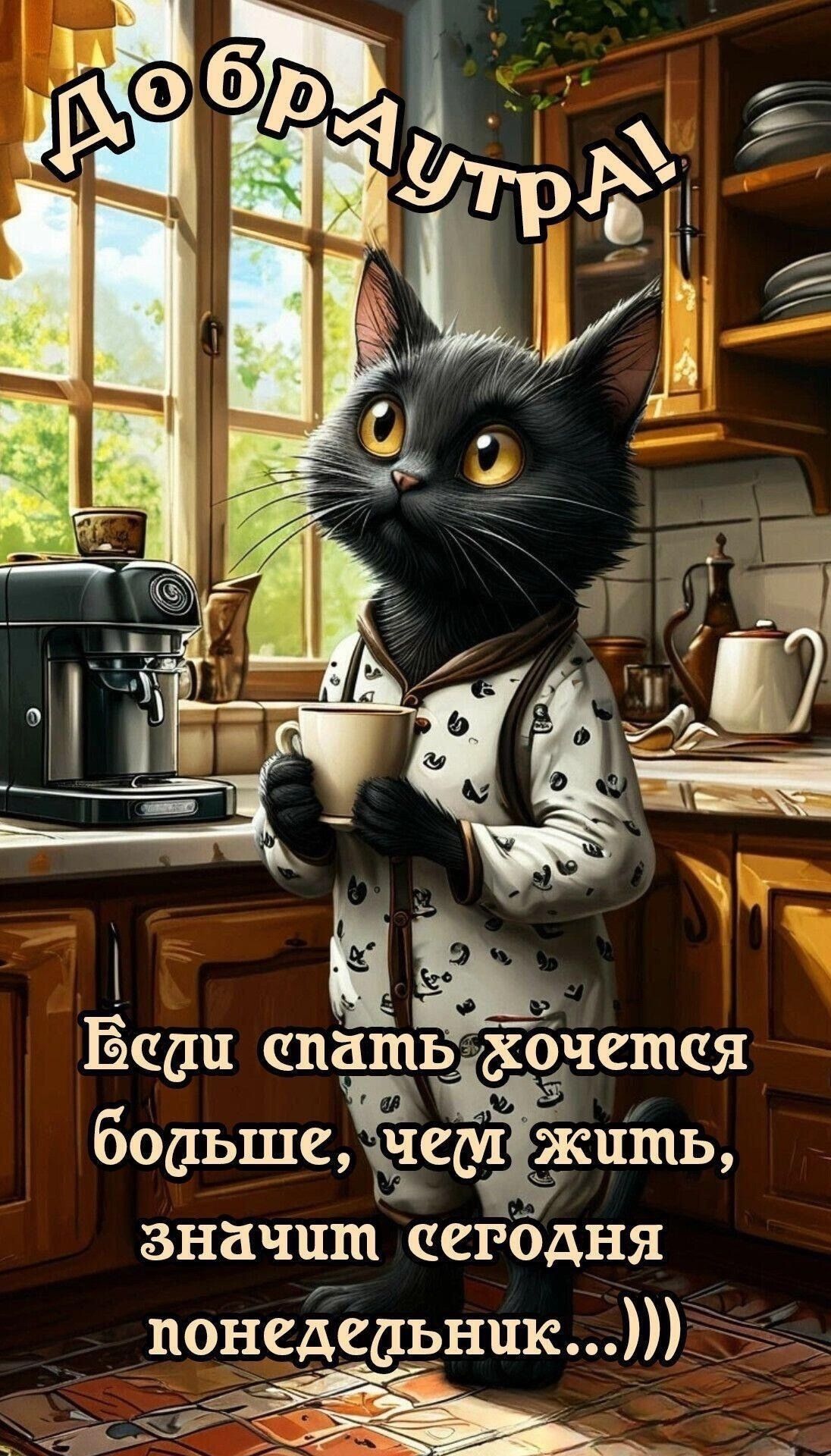 Открытка «С добрым утром»: Прикольный кот на кухне: Доброе утро, понедельник!. Тэги: кот, животное, пожелание, позити…