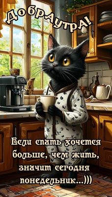 Открытка «С добрым утром»: Прикольный кот на кухне: Доброе утро, понедельник!. Тэги: кот, животное, пожелание, позити…