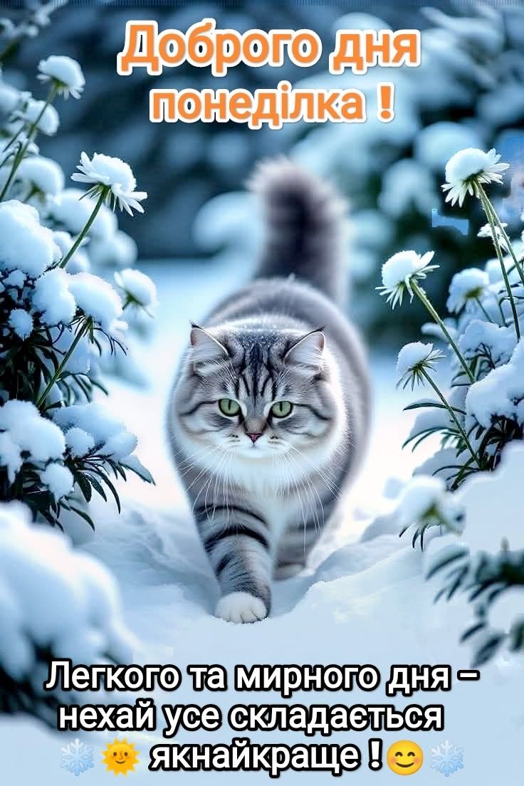 Открытка «С добрым утром»: С добрым утром, нежный кот в зимнем снегу. Тэги: кот, животное, пожелание, улыбка, утро…