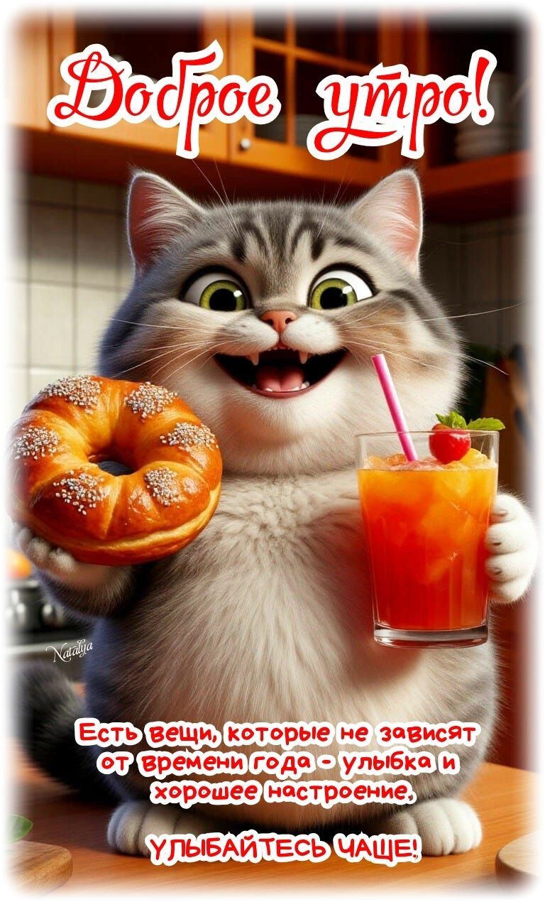 Открытка «С добрым утром»: Доброе утро: улыбка, кот и позитивное настроение!. Тэги: хорошего дня, кот, животное…