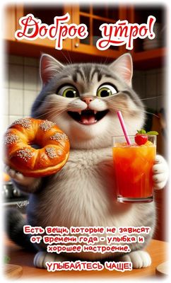 Открытка «С добрым утром»: Доброе утро: улыбка, кот и позитивное настроение!. Тэги: хорошего дня, кот, животное…