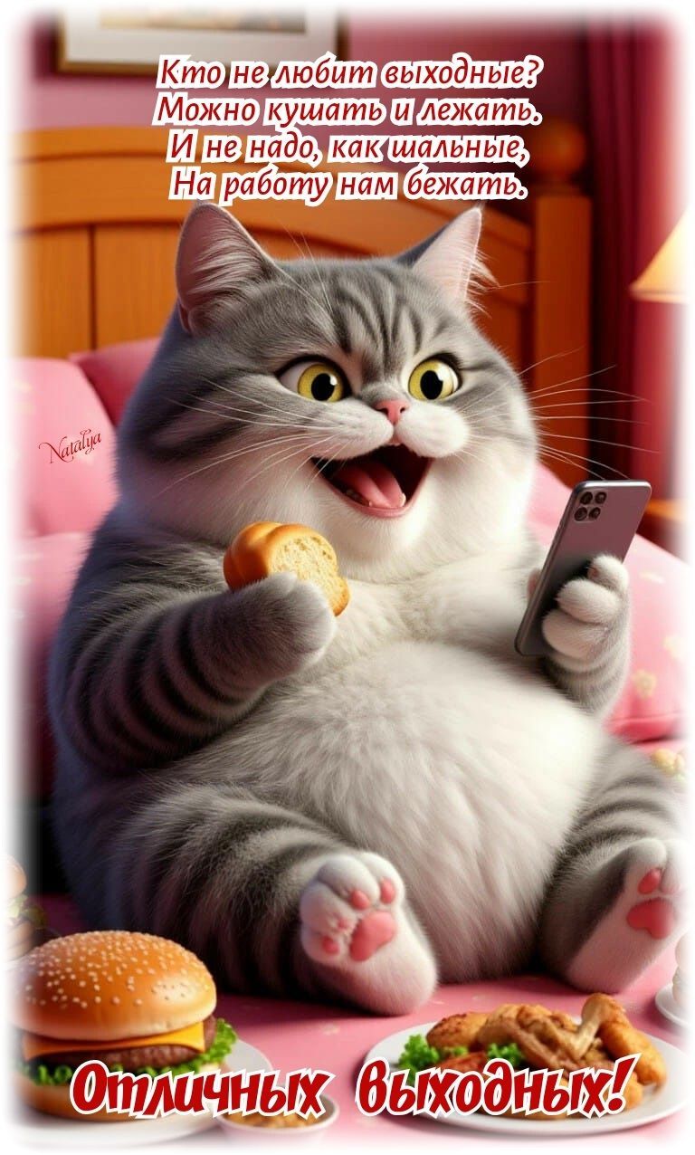 Открытка «Добрый день»: Отличных выходных с милым пушистым котом!. Тэги: Добрый день, прикольный, Доброй дня и всей н…