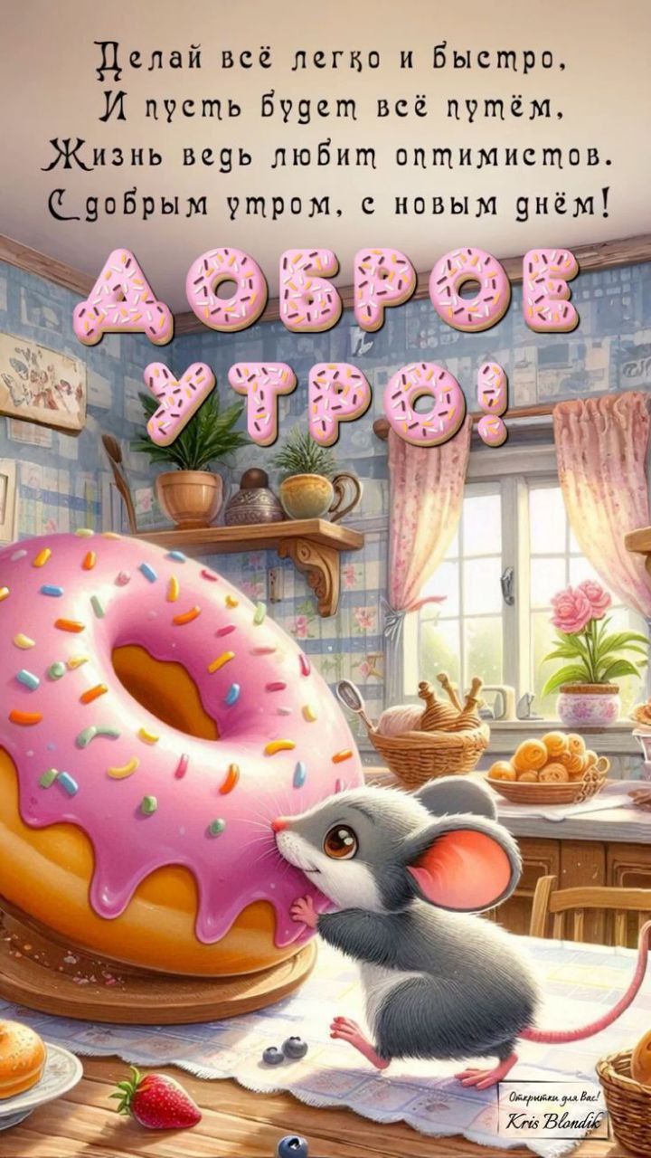 Открытка «С добрым утром»: Доброе утро: милый мышонок, пончик и позитив!. Тэги: хорошего дня, животное, пожелание…