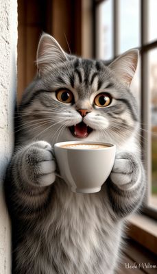 Открытка «С добрым утром»: С добрым утром: пушистый кот и чашка кофе. Тэги: кот, животное, пожелание, позитивная, юмор…