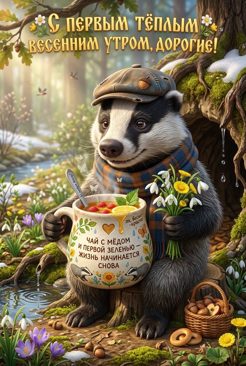 Открытка «С добрым утром»: Весеннее утро: барсук, чай и первые цветы. Тэги: животное, пожелание, шарф, утро, позитив…
