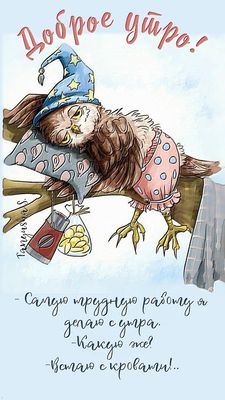 Открытка «С добрым утром»: Доброе утро! Самая трудная работа совы. Тэги: животное, пожелание, позитивная, юмор…