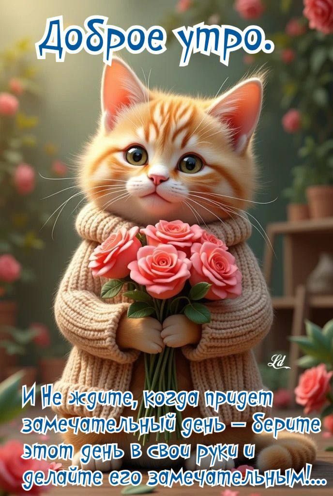 Открытка «С добрым утром»: Уютное утро с котенком и розами: сделай день замечательным!. Тэги: кот, животное, пожелание…