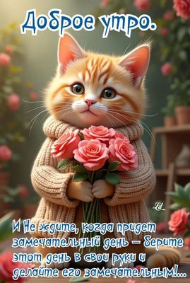 Открытка «С добрым утром»: Уютное утро с котенком и розами: сделай день замечательным!. Тэги: кот, животное, пожелание…