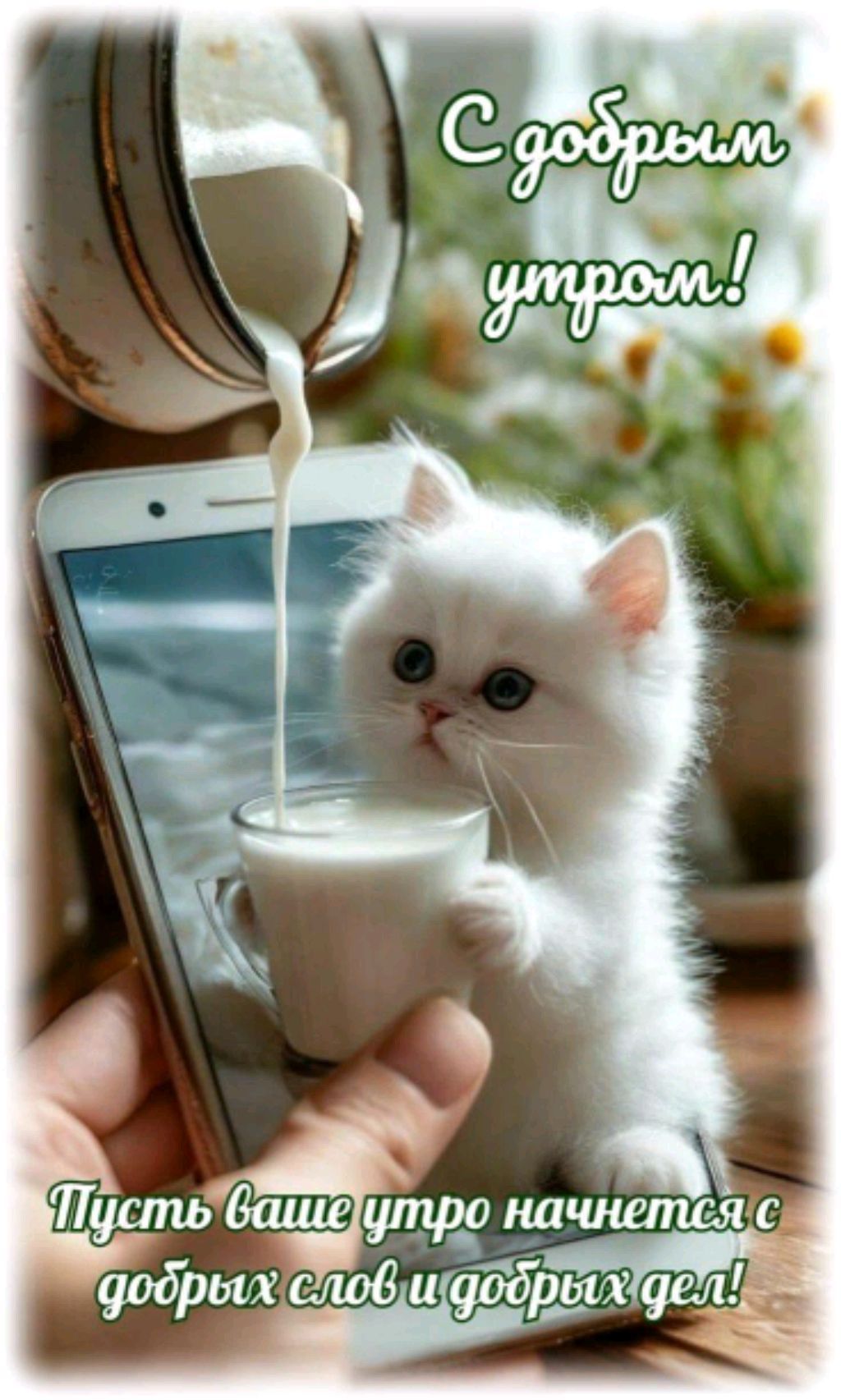 Открытка «С добрым утром»: Доброе утро: милый котёнок и свежее молоко. Тэги: кот, животное, пожелание, позитивная…