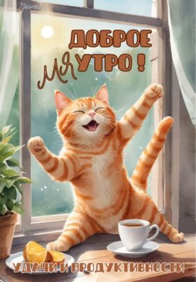 Открытка «С добрым утром»: Веселое мяу утро: позитивный кот желает удачи!. Тэги: хорошего дня, кот, животное, пожелан…