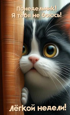 Открытка «С добрым утром»: С добрым утром: Понедельник не страшен!. Тэги: кот, животное, пожелание, позитивная…