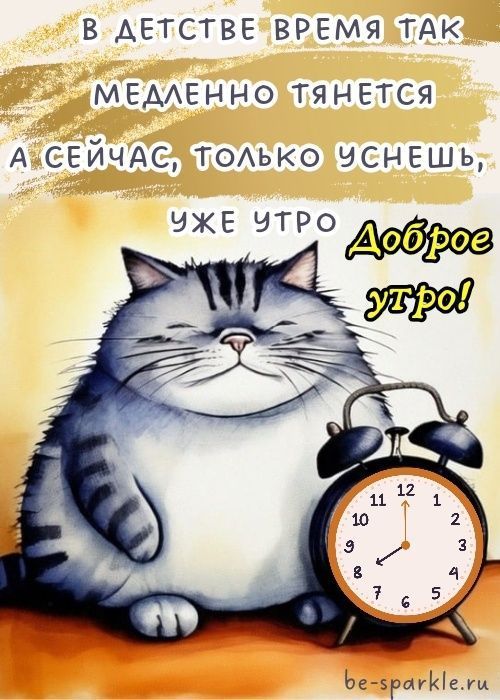 Открытка «С добрым утром»: Доброе утро! Как быстро летит время.... Тэги: хорошего дня, кот, животное, пожелание…