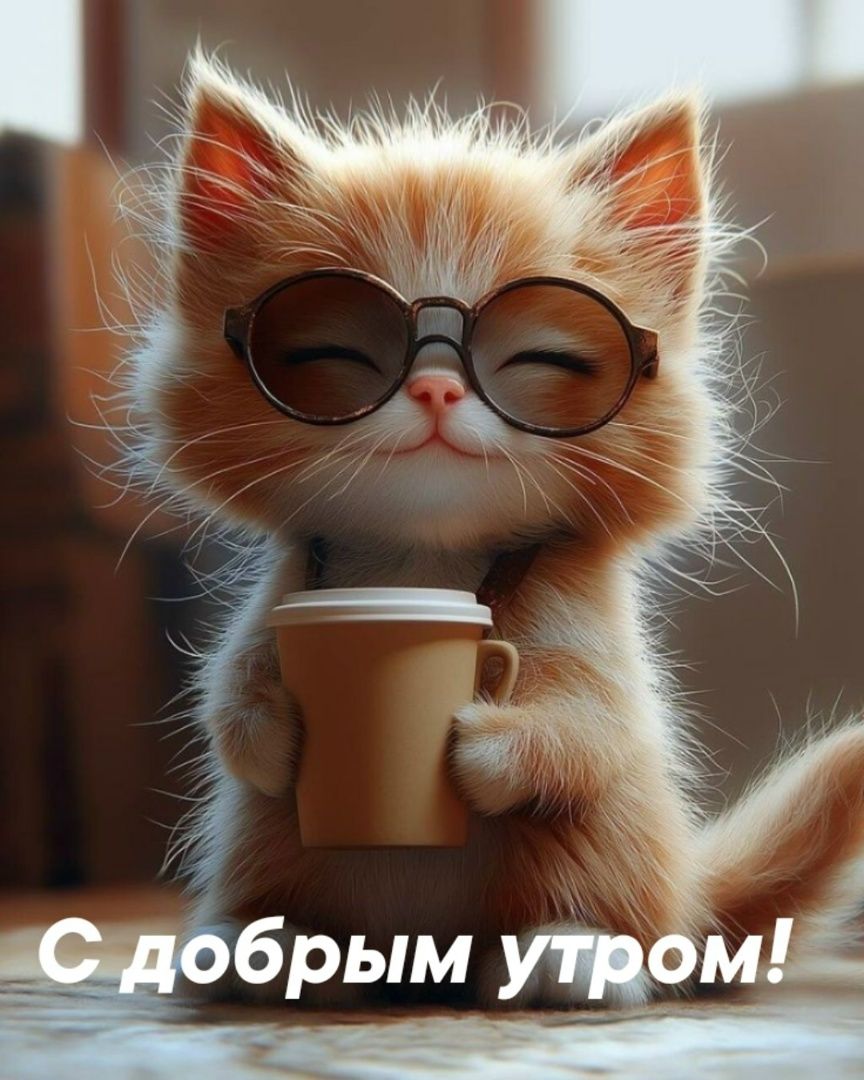 Открытка «С добрым утром»: Милый кот в очках: С добрым утром!. Тэги: кот, животное, пожелание, позитивная, улыбка…