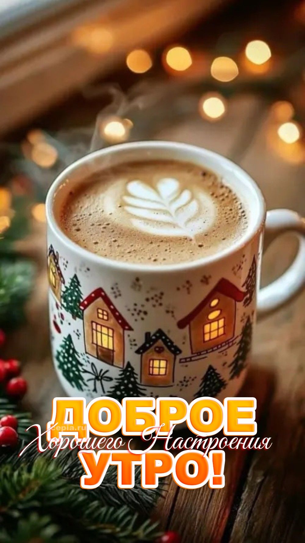 Открытка «С добрым утром»: Уютное доброе утро с кофе и зимним настроением. Тэги: пожелание, позитивная, красивая, кофе…