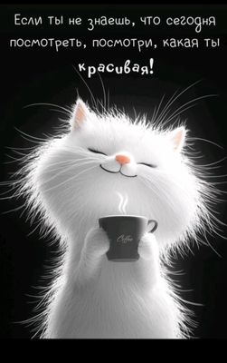 Открытка «С добрым утром»: С добрым утром, красивая! Пушистый кот с кофе. Тэги: кот, животное, пожелание, позитивная…