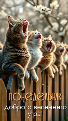 Открытка «С добрым утром»: Понедельник и весеннее утро с озорными котятами. Тэги: кот, животное, пожелание, хорошего…