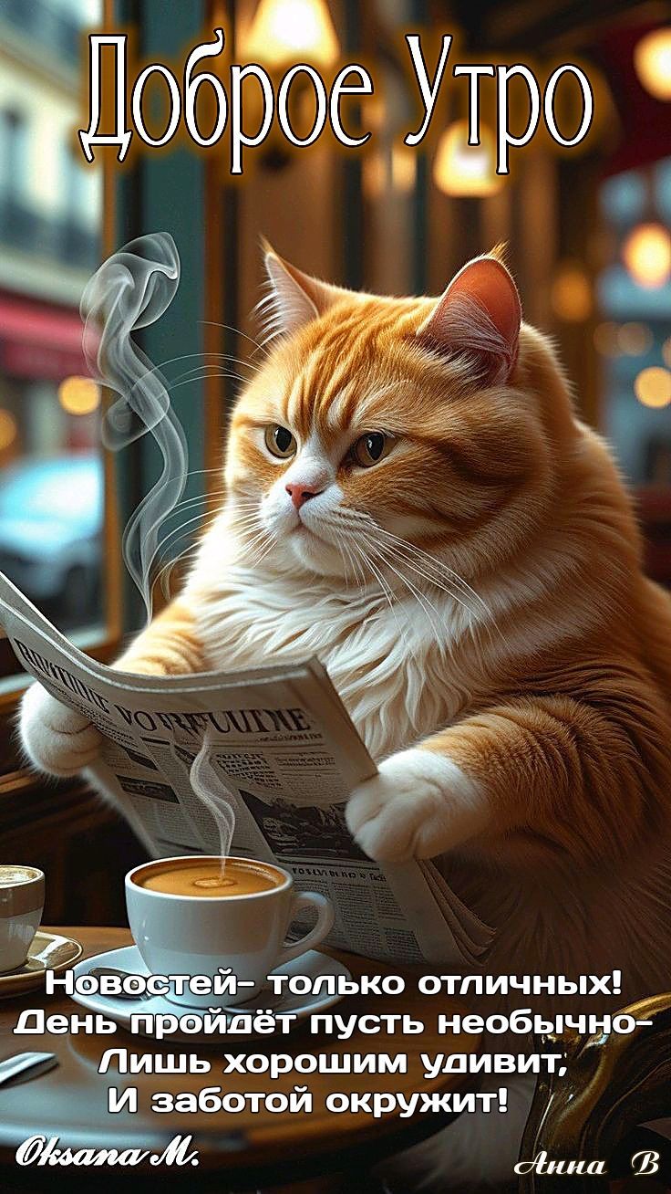 Открытка «С добрым утром»: Доброе утро: кот, кофе и отличные новости!. Тэги: кот, животное, пожелание, позитивная…