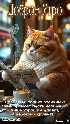 Открытка «С добрым утром»: Доброе утро: кот, кофе и отличные новости!. Тэги: кот, животное, пожелание, позитивная…