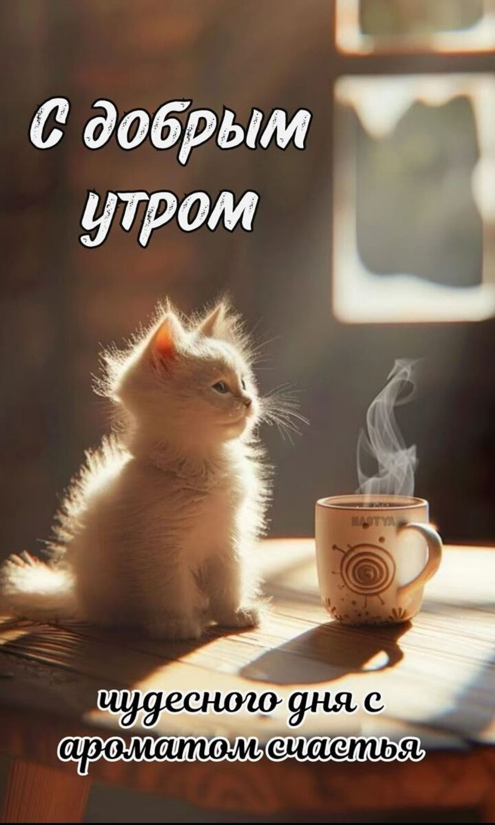Открытка «С добрым утром»: С добрым утром: пушистый котик и аромат счастья. Тэги: кот, животное, пожелание, позитивная…