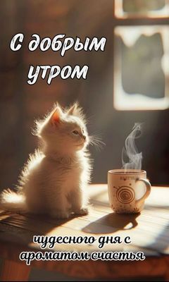 Открытка «С добрым утром»: С добрым утром: пушистый котик и аромат счастья. Тэги: кот, животное, пожелание, позитивная…